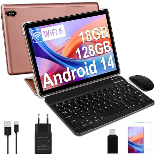 DMOAO Tablet 10 Pulgadas Android 14 con 5G Wi-Fi 6, FHD Tablet con 18 GB RAM + 128 GB ROM (Ampliable a 1TB), Widevine L1, 8 Cores, BT 5.0, 6000mAh, USB-C, Teclado + Ratón + Funda, Nero, Oro Rosa