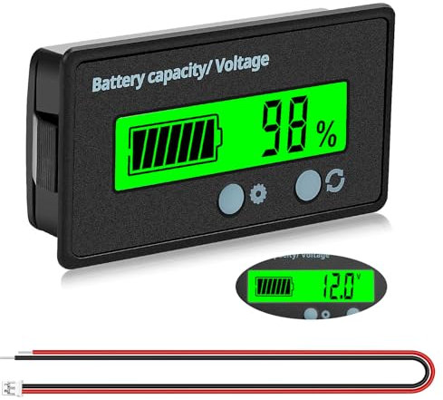VooGenzek Medidores de Batería DC, Indicador de Voltaje de Capacidad de Batería Monitores, Probador de Batería de Plomo Ácido y Litio, Pantalla LCD DC 12V - 72V Medidor de Batería (Luz Verde)