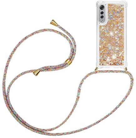 YAMCCCSE Handykette für LG Velvet 5G/4G Hülle mit Band, Silikon Durchsichtig Transparent Flüssig Glitzer mit Kette Kordel Treibsand Necklace TPU Schutzhülle Case，Golden