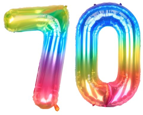 Ponmoo 40 inches Foil Balloons Numbers 70 Neon Rainbow (101cm), Inflatable Helium or Air, Giant Balloon Number 0-9, 10-29, 30-100, Grand Balloons for Anniversary Wedding Birthday Party Decoration