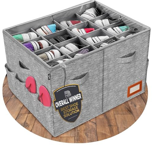 Tydi Shoe Storage Box (2 Pack) – Ultra-Stiff Shoe Organiser with Clear Zip Cover, Tag Insert & 16 Compartments – Stackable Shoe Storage Solution & Space Saver for Closet & Wardrobe - Grey