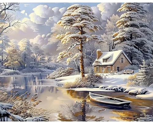 SHEGZHUC 50 x 40 cm Diamond Painting Winter Landscape Large Painting by Numbers Adults Snow Landscape House Mosaic Diamond Painting Art Embroidery Cross Stitch Pictures Gift Wall Decoration