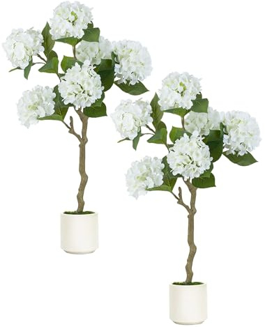 BLOSMON White Hydrangea Fake Tree: 2pc 39 Inch Artificial Silk Plants for Home Living Room Decor Indoor - Real Touch Faux Hydrangeas with Pot for Front Door Porch Patio Entrance Decoration