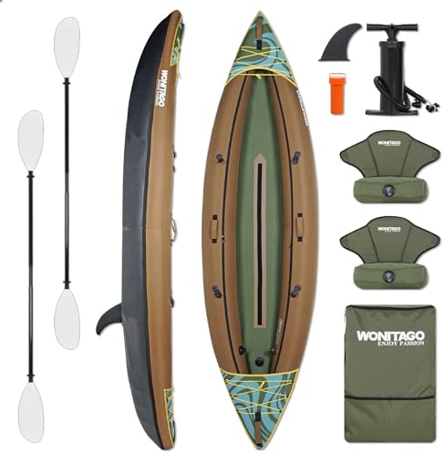 WONITAGO Inflatable Kayak, Recreational Touring Kayak with Adjustable Kayak Paddle, Hand Pump and Carrying Bag, 2 Person, Brown
