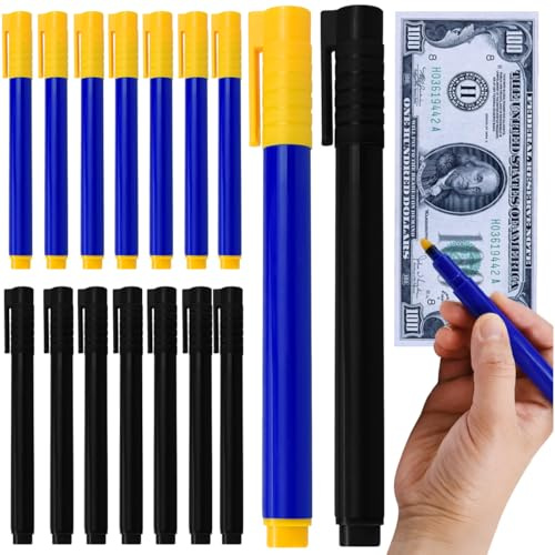 ZACUDA 16 PCS Stylo Détecteur de Billets, Stylo pour Billets Faux, Stylo Vérification Billet de Banque, Détecteurs de Faux Billets, Marqueur Faux Billets pour Euros, Dollars, Livres