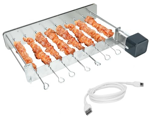 Juego de brochetas de Acero Inoxidable, asador eléctrico para brochetas, Accesorio para Asar con 10 Piezas de Acero Inoxidable,Parrilla giratoria automática de 360° con Motor y USB,2 métodos de Carga