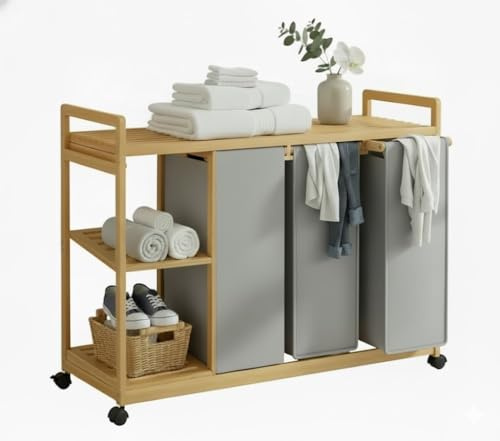 Cesto Biancheria Cesta Portabiancheria 3 Scomparti con ruote Sporca Per Bagno Cesta Panni Sporchi Mobile Lavanderia in Bambù Natural Ecologico Mobile Bagno con portabiancheria