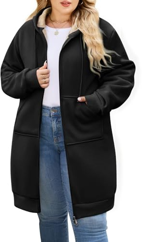 CMTOP Longue Sweat Zippé Femme Cotton Chaud Veste à Capuche Oversize Casual Manteau en Polaire Grand Taille avec Poches Hoodie Chic et élégant Automne Hiver Outerwear(Noir, XXL)