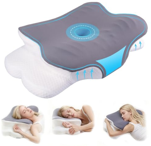 Memory Foam Pillow, Adjustable Butterfly Ergonomic Pillow, Cervical Neck Pillow for Pain Relief Contour Ergonomic Orthopedic Support Bed Pillow for Side Back Stomach Sleepers, Cooling Washable Cover