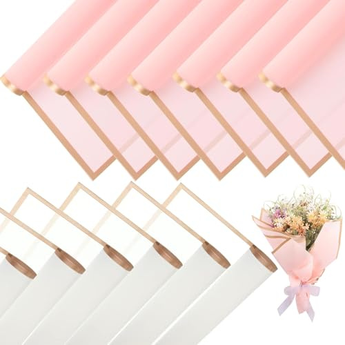 weiclianhp 20 Feuilles Papier Cadeau Bouquet - 58x58cm - Blanc et Rose avec Bordure Dorée - Imperméable - Papier Cadeau pour Bouquets de Fleurs - Emballage Étanche pour Fleuriste