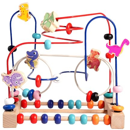 Bead Maze Toys Kids - Colorful Dinosaur Roller Coaster, Wooden Wire Bead Track | Hand Eye Coordination Game, Multi-Color Abacus Toy For, Preschool Learning, And Motor Skill Building