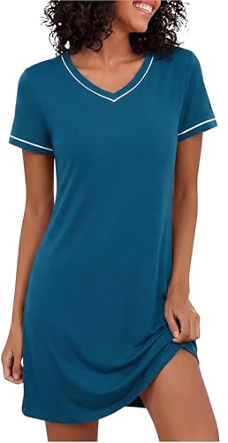 Marvmys Chemises Nuit Femme Nuisette Manches Courtes Robe de Nuit Col V Vetements De Nuit Rayures Contrastées Confortables Casual S-3XL