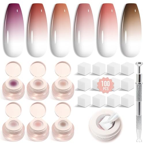 Shining She Halvpermanenta Nagellack för Gel UV LED, 6 Färger Pat Painting Nude Mörk Rosa Semipermanent Nagellack Effekt Gradient Blush DIY med 100 Svampar och Pincett för Manikyr