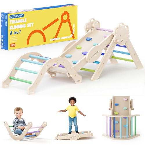 COSYLAND Set di Arrampicata 8 in 1 per Bambini – Triangolo Pikler e Arco Montessori Compatti con Scivolo, Struttura Pieghevole da Interno 18M–3A per Gioco Motorio e Arrampicata（Tono Freddo）