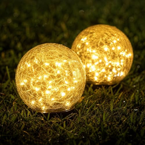 Ciskotu 2 Stück Bruchglas Solarlampen für Außen Garten, 60 LED solarkugeln für Aussen, Solar Bodenleuchten IP44 Wasserdicht Solarleuchten für Outdoor, Balkon, Terrasse, Rasen, Wege (Warmweiß)