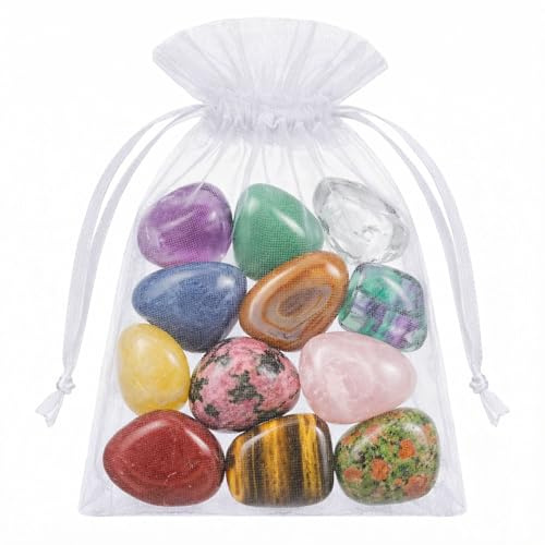 Milaboo 12er Set Glückssteine Natursteine ca 2–3 cm – Edelstein Trommelsteine im Organzasäckchen – kleine Handschmeichler als Geschenk, Glücksbringer oder Dekoration (Set 1 (12 Stück))