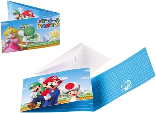 AMSCAN EUROPE GMBH Juego de 8 invitaciones y sobres Super Mario Bros para cumpleaños infantil o fiesta temática, tarjetas de invitación para niños Luigi Toad