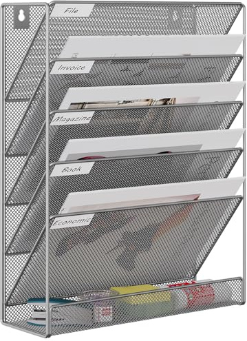 EasyPAG 6 Tier A4 Mesh in Tray Hanging Wall File Holder Mail Organiser Magazine Storage Rack,Silver