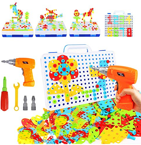 HAPTIME Design and Drill Toy,Educational Toys Building for Kids Ages 3-8,STEM Toys for 3 4 5 6 Year Old,193 Pcs Electric Drill Toy,Magic Montessori Play Toolbox for Toddler Boys Girls Preschool