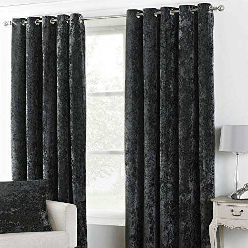 Value Comfort Home Luxury Pair of BLACKOUT Lined Thermal Crushed VELVET Eyelet Top Readymade Curtains + Tie-Backs 66 x 72 Black