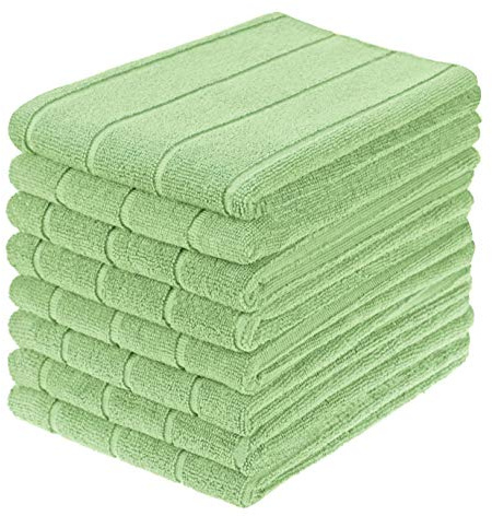 gryeer Microfibre Tea Towels, 50 x 70 cm, Pack of 8, Green, | Super Absorbent, Extra Large, Thick, Stripe Designed Kitchen Towels