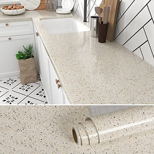 VEELIKE Papel Pintado Granito Amarillo Papel Autoadhesivo Pared Imitacion Piedra Papel Adhesivo para Encimera Papel Tapiz Cocina Lavable Papel de Pared Baño Comedor Vinilos para Muebles 40cm x 300cm