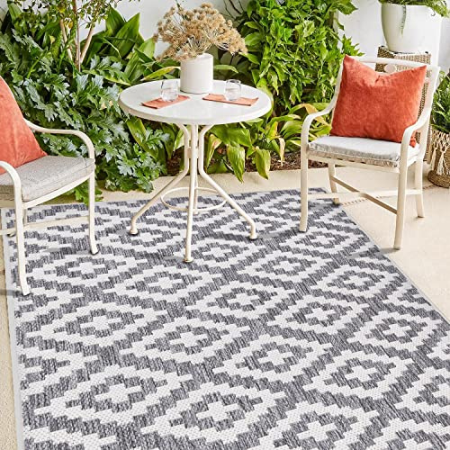 payé Outdoor Teppich Wetterfest - 160x230cm - Grau Weiß - Raute Gitter - Teppiche für Terrasse Balkon Garten Indoor