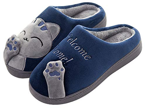 Meik Mangni Vintertofflor för kvinnor och män söta katttofflor inomhus fluffiga minnesskum slip-on hus toffel halkfria skor för unisex nyhet jul varm toffel UK storlek 5-9, BLÅ, 39.5 EU