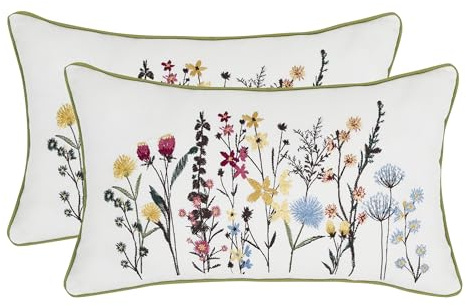 Tosleo - Lote de 2 fundas de cojín con flores silvestres de jardín 30 x 50 cm, bordadas para la decoración de la habitación, sofá, salón, casa, café