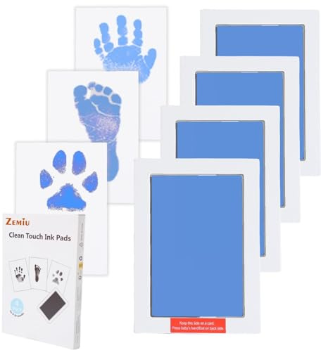 Zemiu Handavtryck och fotavtryck baby-avtrycksset, handavtryck, baby, idealisk storlek upp till baby 0–18 månader, 10 cm x 15 cm, 4 st ren touch-stämpelkuddar för nyfödda/baby shower-blå