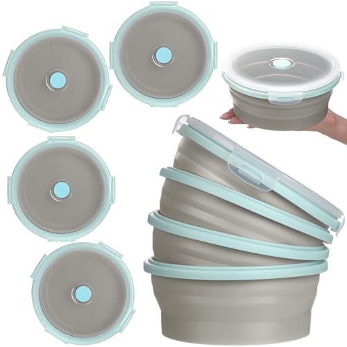 Suclain 4 Pcs Collapsible Bowl, Blue Rim Gray, 41 oz