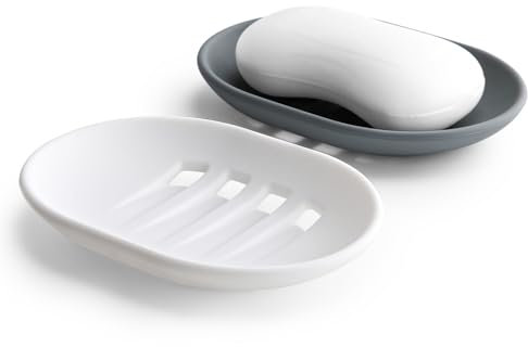 Oamwrae 2pcs Silicone Soap Dish with Drainage, Non-slip and Portable Soap Holder, Soap Dishes for Bathroom, Shower, Kitchen (Grey & White)