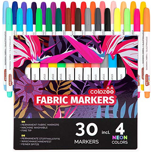 colozoo Textilstifte Waschmaschinenfest | (30 Farben) inklusive 4 UV-NEON-Leuchtfarben | Für T-Shirt, Jeans, Schuhe, Baumwolle, Leder, Polyester und mehr