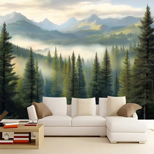 Papier Peint Panoramique Jungle Naturelle - Fresque Murale Intissé pour Salon, Chambre Adulte et Enfants, Restaurant - Montagnes 300 x 210 cm Personnalisé - Décoration Vert Blanc