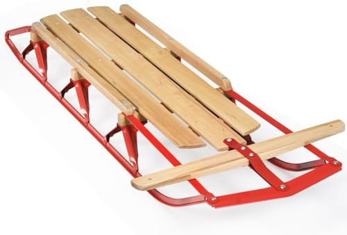 FANTASK 137 cm Schlitten Holzschlitten, 150 kg belastbarer Kinderschlitten Davoser Schlitten Holz & Metall, Kinderschlitten Schneeschlitten für Kinder und Erwachsene, Rot + Natur