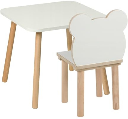PlayPals Furniture Barnbord med stolar – barnbord, stolset av trä, 50 x 50 cm – naturliga sittmöbler, trä för barn – barnstolsset, nallebjörn