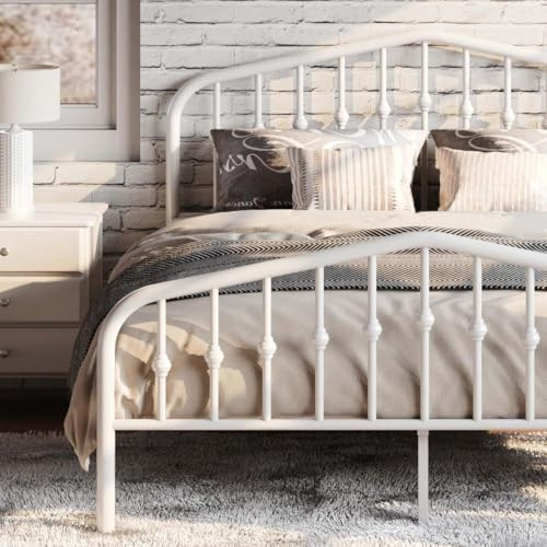 SHA CERLIN Queen Metal Bed Frame with Wrought Iron-Art Headboard, White