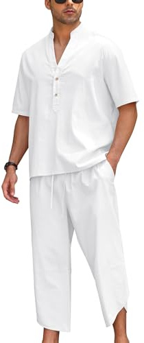 Men Linen Sets Outfits 2 Piece Half Sleeve Button Henley Shirts Casual Baggy Drawstring Pants 3 Quarter Pants Summer Beach Yoga Walking Suits Loungewear All White Linen Outfit For Men White M