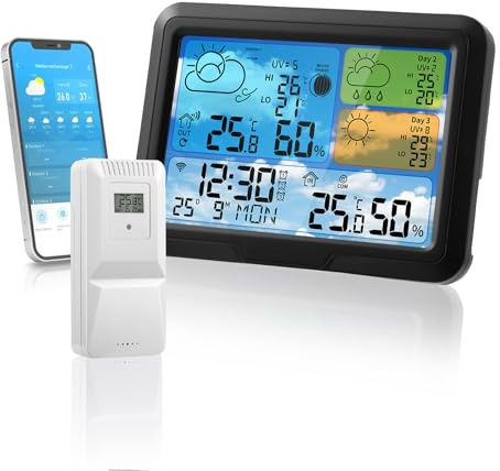 Wetterstation Wlan Mit Außensensor&Wettervorhersage,Wetterstationen Innen und Außentemperatur Funk,Wetterstation Funk mit Außensensor,Digital Farbdisplay,App Tuya UndSmartlife,Wecker,Temperaturwarnung