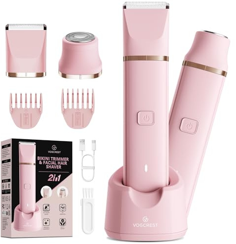 VG VOGCREST Bikini Trimmer for Women: Rechargeable 2-in-1 Painless Body Shaver for Leg Arm Underarm with Length Combs - Portable Travel Friendly Pubic Grooming Kit with Charging Dock (Light Pink)