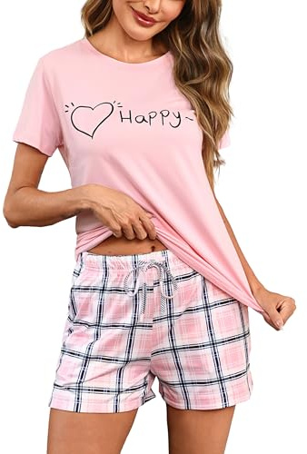 Bresdk Pyjama Femme Ete Ensembles de Pyjamas Coton Empreinte de Cœur Manches Court et Confortable Carreaux 2 Pièces avec Poches S-XXL