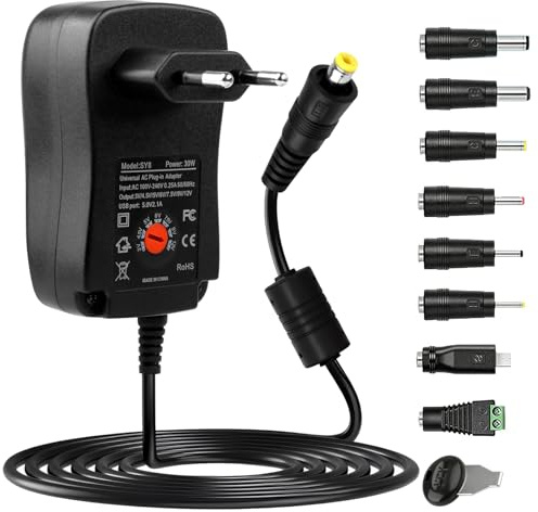 30W Adaptador Universal 3V 4.5V 5V 6V 7.5V 9V 12V 2A AC/DC | Cargador Portátil con 8 Conectores,Fuente de Alimentación Voltaje Múltiple para Router Bande LED Ordinateur Portable Caméra