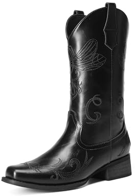 DREAM PAIRS Cowgirl-stövlar för kvinnor i mitten av vaden cowgirlstövlar broderi sydd fyrkantig tå västerländska stövlar