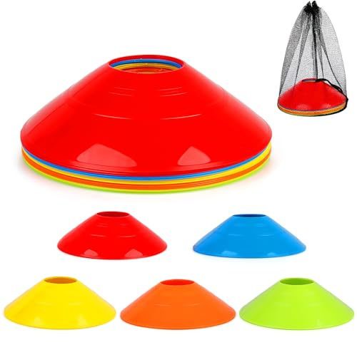 Dawumin 15 Conos de Entrenamiento Fútbol con Bolsa, Conos Deportivos 5 Colores, Conos de Señalización Flexibles para Slalom, Agilidad, Coordinación, Hockey, Adiestramiento Perros y Deporte | Apilable y reutilizable