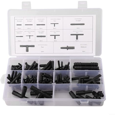 Evenoonest Connettori per tubi auto, kit assortito da 113 pezzi, riduttori in plastica dritti a T, per riparazione di tubi del carburante di raffreddamento automobilistici, con custodia, nero