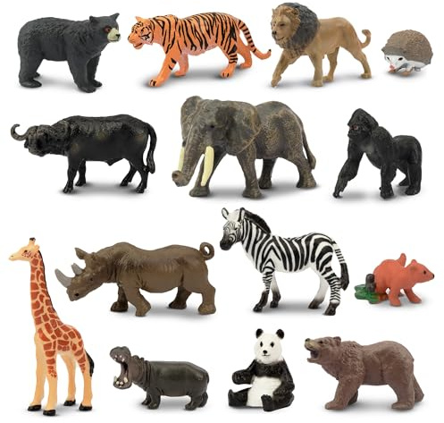 Toymany 14PCS 1-2 Tiny Jungle Animal Figures Toy, Realistic Mini Jungle Zoo Animal Figurines Cake Topper Toy Set, Easter Egg Christmas Birthday Gift Party Favor School Project for Kids Toddlers