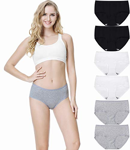 TUUHAW Bragas Mujer Cintura Midi Braguitas Algodón Pack de 6 -Negro+Blanco+Gris-S