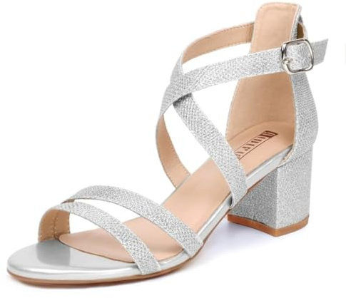 IDIFU Women's Block Low Chunky Heel Strappy Sandals Open Toe Ankle Strap Dress Wedding Evening Shoe for Women Bridal (Silver Glitter, 6.5 M US)