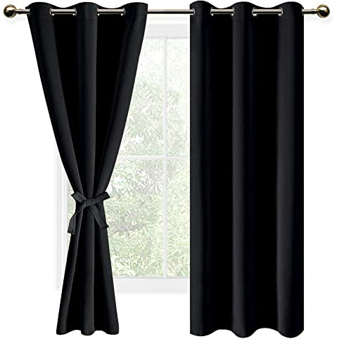 DWCN Black Blackout Curtains with Tiebacks for Bedroom Thermal Insulated Solid Eyelet Curtains for Living Room,2 Panels,46 Wide x 72 Drop