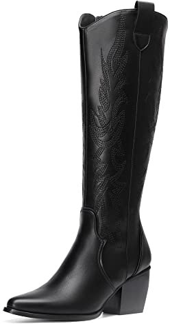 DREAM PAIRS Botas Cowboy Camperas Altas Mujer de Tacon Ancho Invierno de Caña Alta hasta la Rodilla SDKB224W,Size 37,Negro/PU,SDKB224W